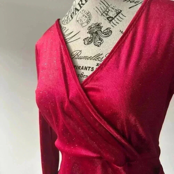 Dokuritu Women’s Red Velvet Wrap Dress - Size Small, Long Sleeve, Sparkle Detail - Picture 3 of 3